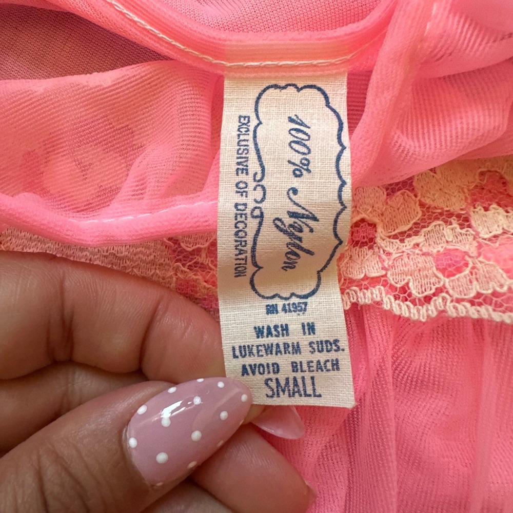 Vintage Pink Nylon Nightgown Sheer Mesh Overlay Lace Trim Babydoll Small - Picture 5 of 6